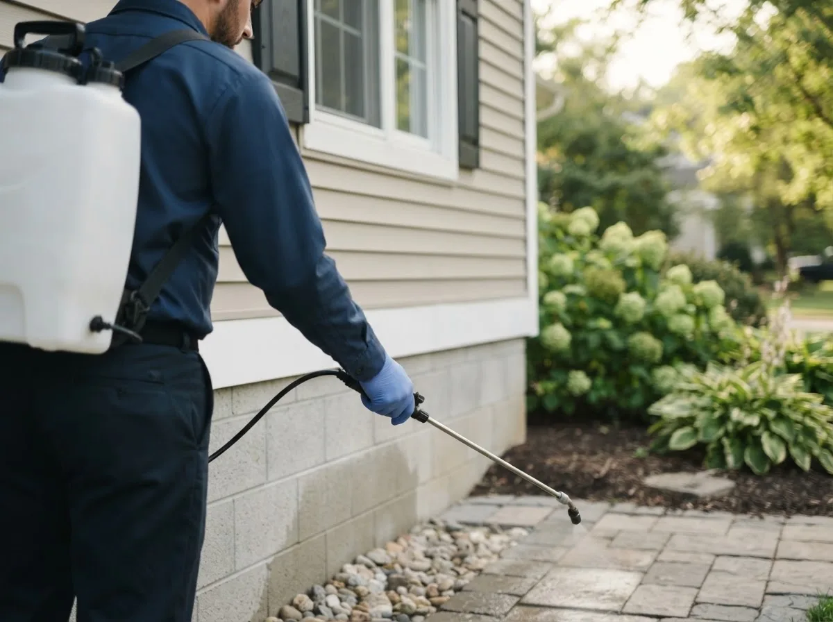 Pest control technician inspecting a home in Freedom, IN